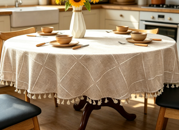Cotton And Linen Checkered Tassel Tablecloths, Beige, Versatile