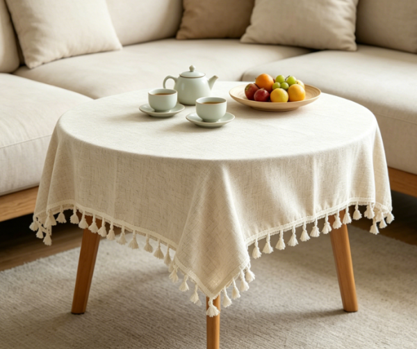 Dustproof Solid Color Tassel Cotton And Linen Tablecloths, Neutral Color